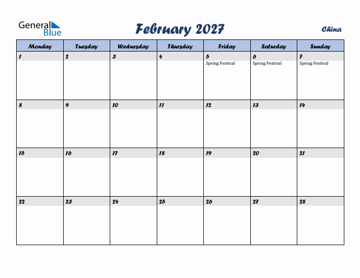 February 2027 Calendar with Holidays in China