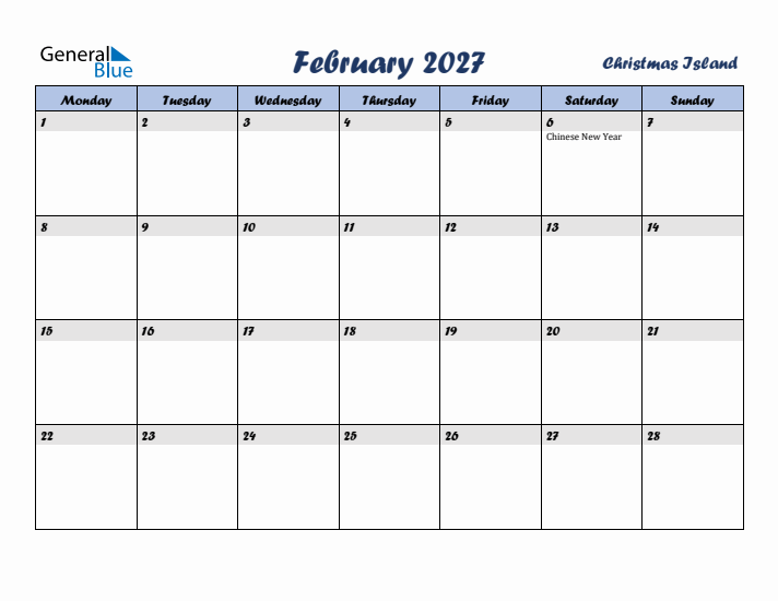 February 2027 Calendar with Holidays in Christmas Island