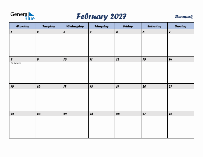 February 2027 Calendar with Holidays in Denmark