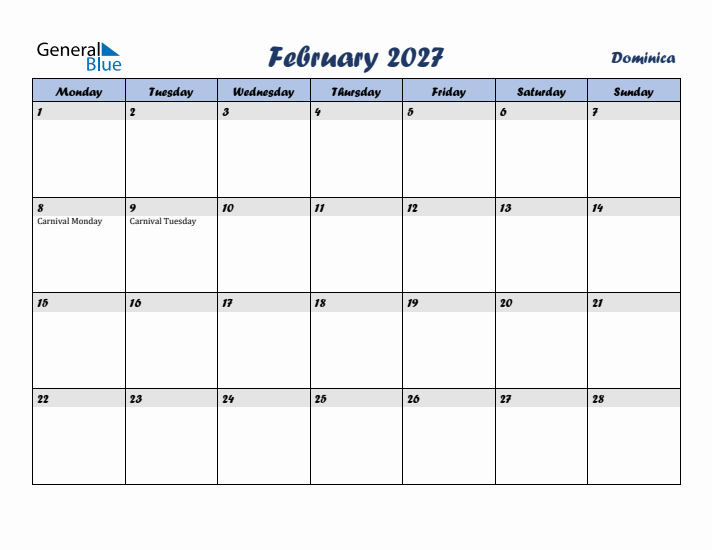 February 2027 Calendar with Holidays in Dominica