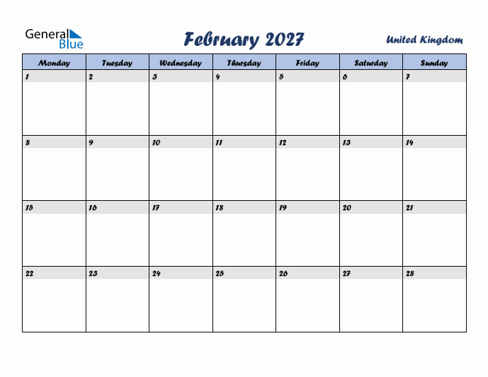 February 2027 Calendar with Holidays in United Kingdom