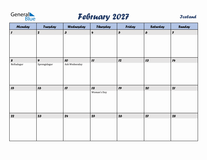 February 2027 Calendar with Holidays in Iceland