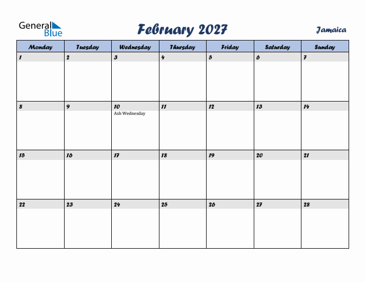 February 2027 Calendar with Holidays in Jamaica