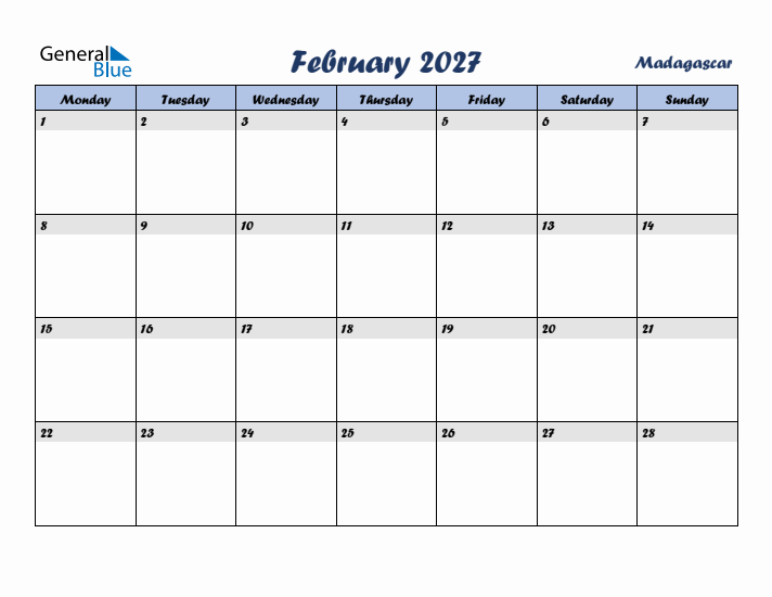 February 2027 Calendar with Holidays in Madagascar