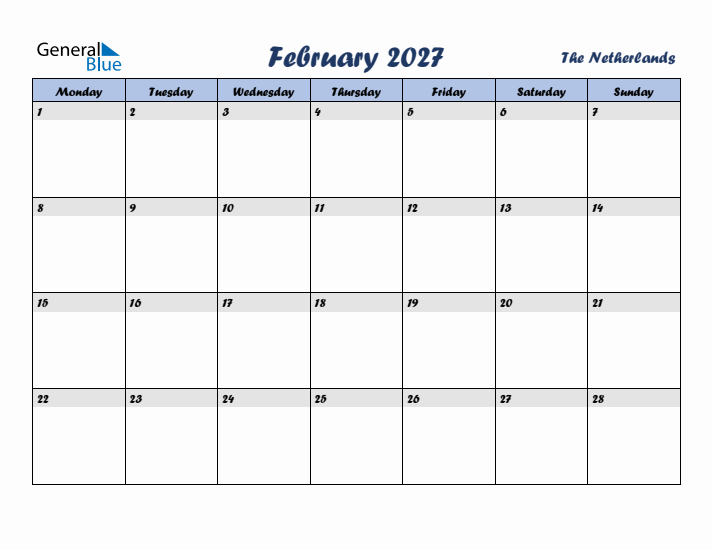 February 2027 Calendar with Holidays in The Netherlands