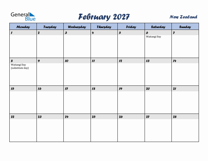 February 2027 Calendar with Holidays in New Zealand