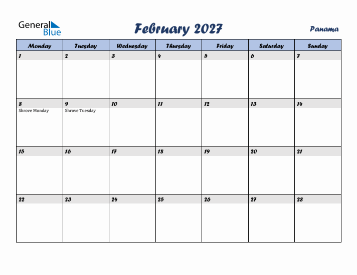 February 2027 Calendar with Holidays in Panama