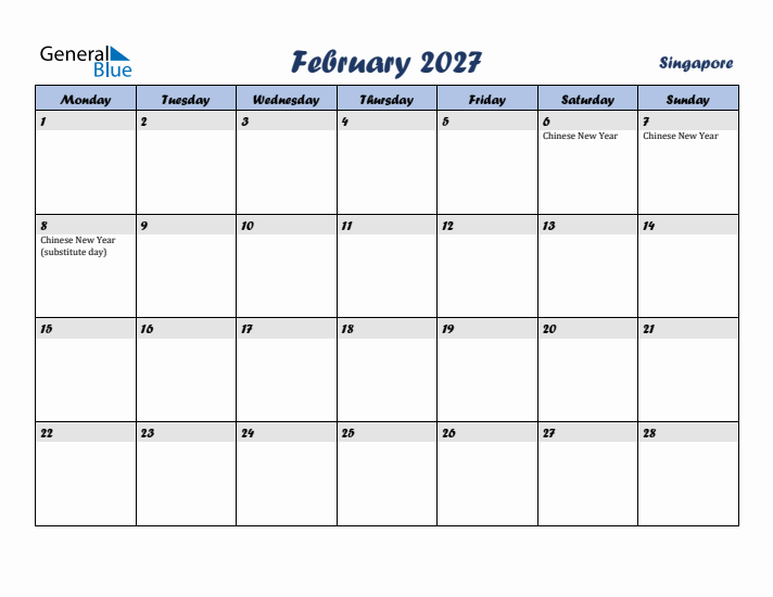 February 2027 Calendar with Holidays in Singapore