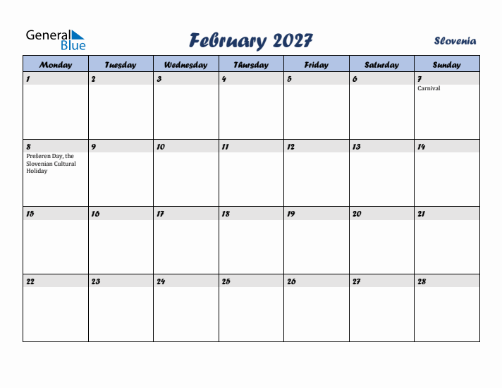 February 2027 Calendar with Holidays in Slovenia