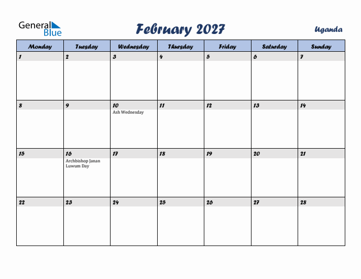 February 2027 Calendar with Holidays in Uganda