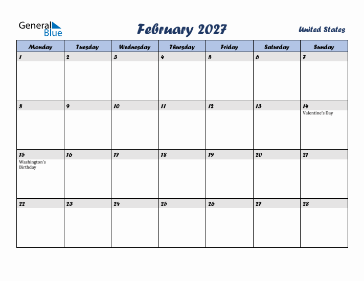 February 2027 Calendar with Holidays in United States