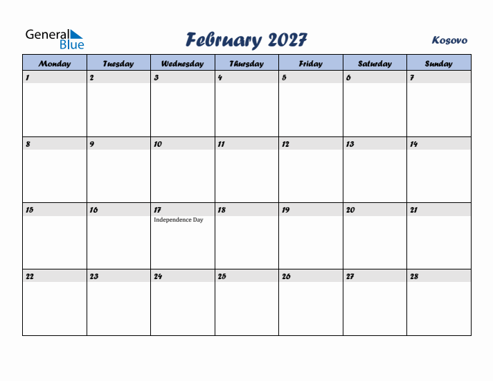 February 2027 Calendar with Holidays in Kosovo