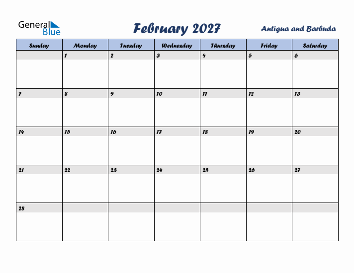 February 2027 Calendar with Holidays in Antigua and Barbuda