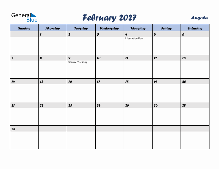 February 2027 Calendar with Holidays in Angola