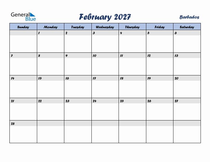 February 2027 Calendar with Holidays in Barbados