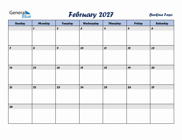 February 2027 Calendar with Holidays in Burkina Faso