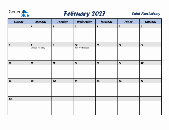 February 2027 Calendar with Holidays in Saint Barthelemy