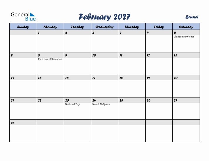 February 2027 Calendar with Holidays in Brunei