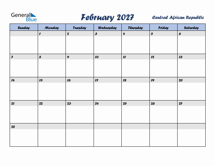 February 2027 Calendar with Holidays in Central African Republic