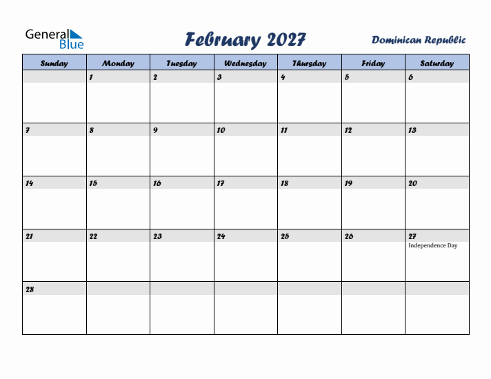 February 2027 Calendar with Holidays in Dominican Republic