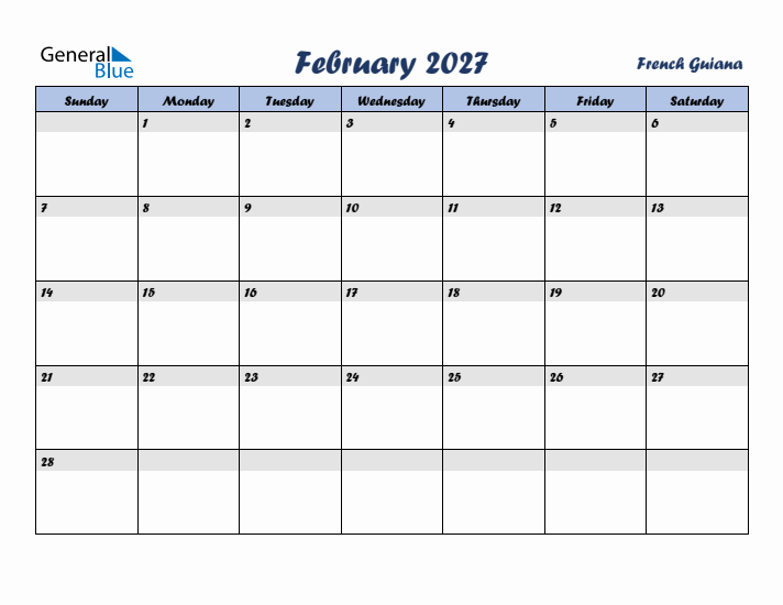 February 2027 Calendar with Holidays in French Guiana