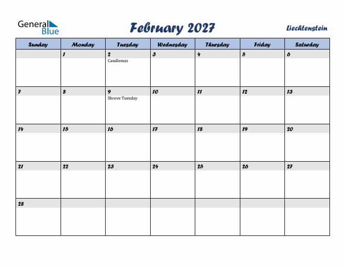 February 2027 Calendar with Holidays in Liechtenstein