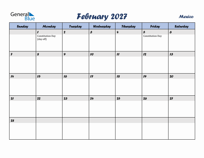 February 2027 Calendar with Holidays in Mexico