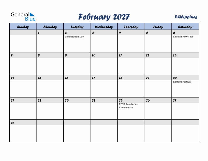 February 2027 Calendar with Holidays in Philippines