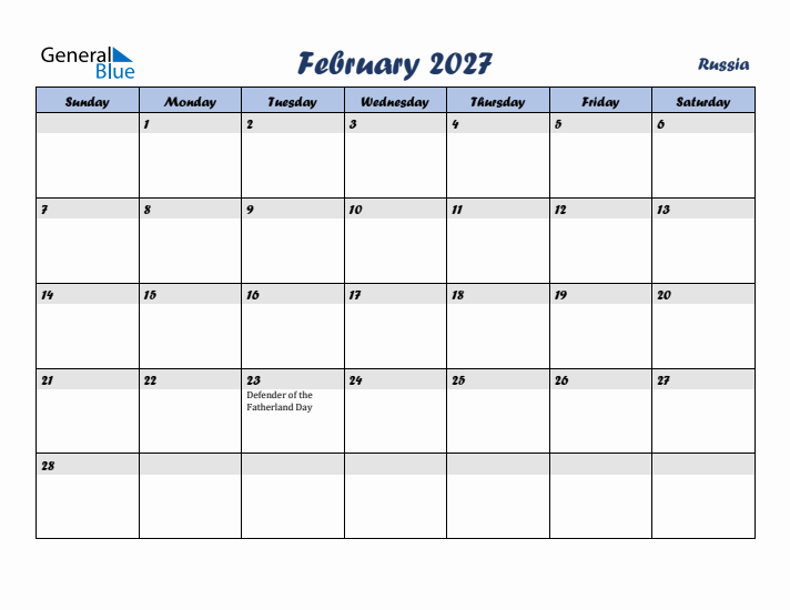 February 2027 Calendar with Holidays in Russia