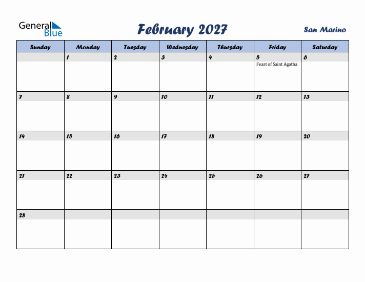 February 2027 Calendar with Holidays in San Marino