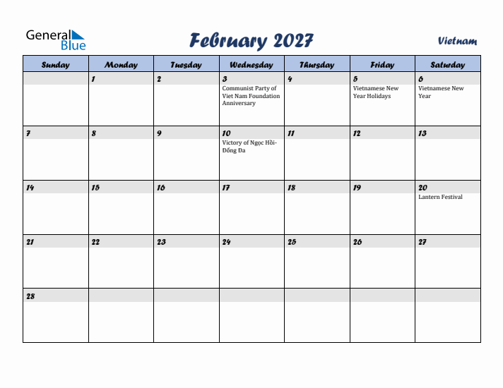 February 2027 Calendar with Holidays in Vietnam