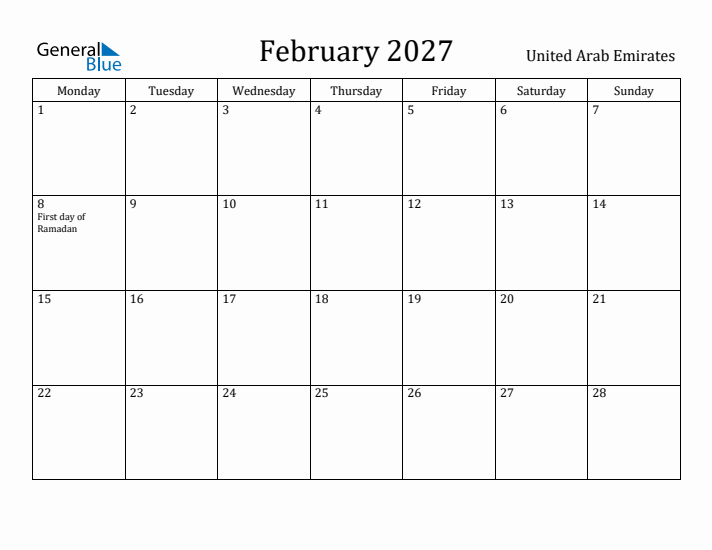 February 2027 Calendar United Arab Emirates