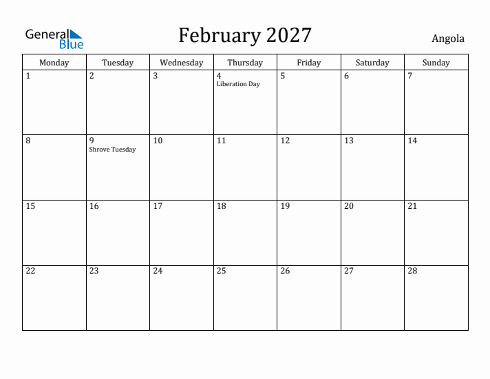 February 2027 Calendar Angola