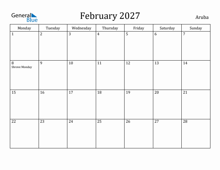 February 2027 Calendar Aruba