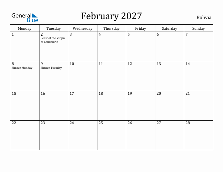 February 2027 Calendar Bolivia