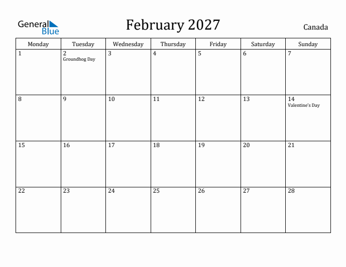 February 2027 Calendar Canada