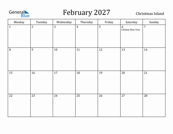 February 2027 Calendar Christmas Island