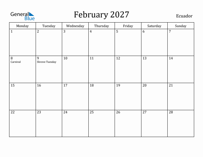 February 2027 Calendar Ecuador