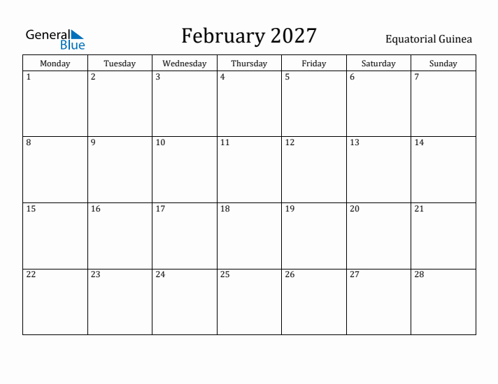 February 2027 Calendar Equatorial Guinea