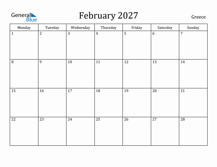 February 2027 Calendar Greece