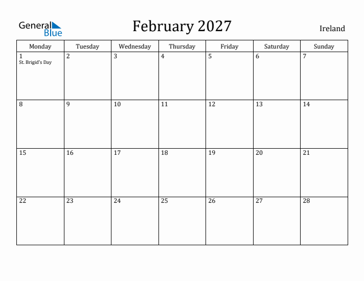 February 2027 Calendar Ireland