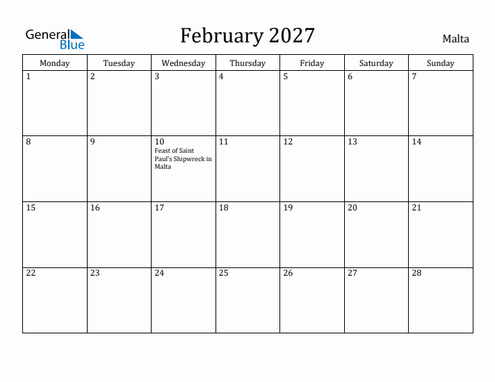 February 2027 Calendar Malta