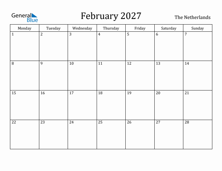 February 2027 Calendar The Netherlands