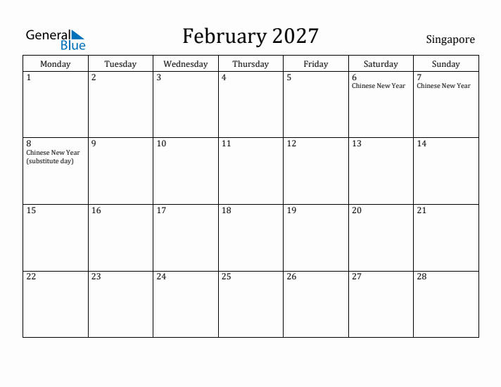 February 2027 Calendar Singapore