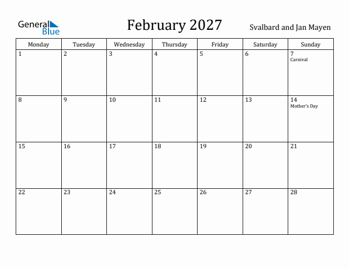 February 2027 Calendar Svalbard and Jan Mayen