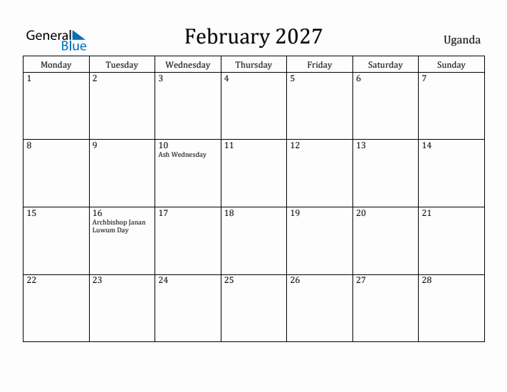 February 2027 Calendar Uganda