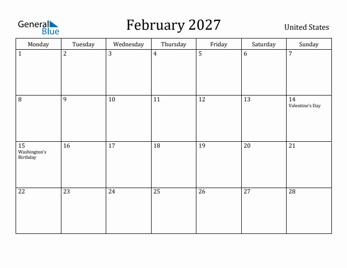 February 2027 Calendar United States