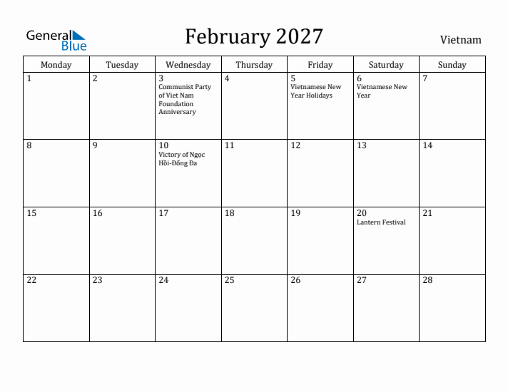 February 2027 Calendar Vietnam