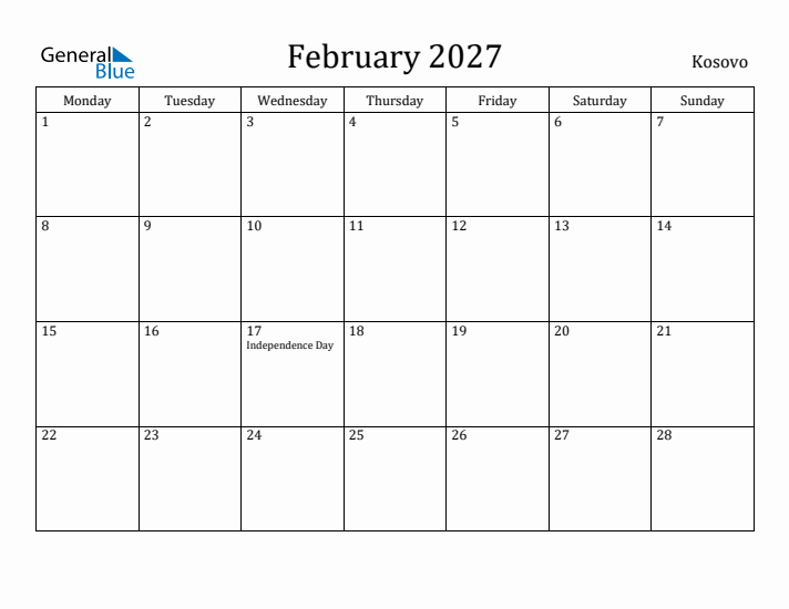 February 2027 Calendar Kosovo