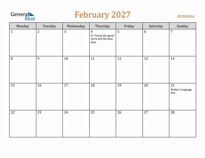 February 2027 Holiday Calendar with Monday Start